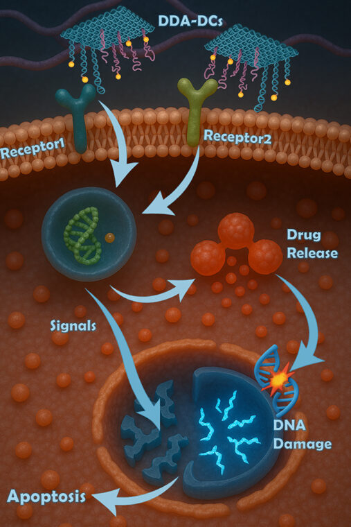 A graphic showing, top to bottom, how DNA aptamers target two specific markers on a leukemia stem cell&rsquo;s surface, enter the cell and deliver anticancer drugs, resulting in death of the cancer cell. Graphic by Abhisek Dwivedy.